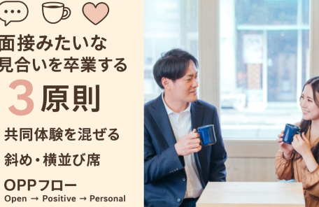 面接みたいなお見合いを卒業する3原則について説明した文章と談所がお見合いでベストポジションでリラックスしてはなししている写真。